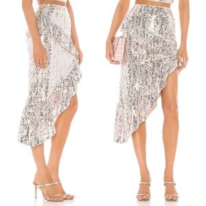 NEW Majorelle Revolve Warren Sequin High Low Asymmetrical Ruffle Midi Sk…